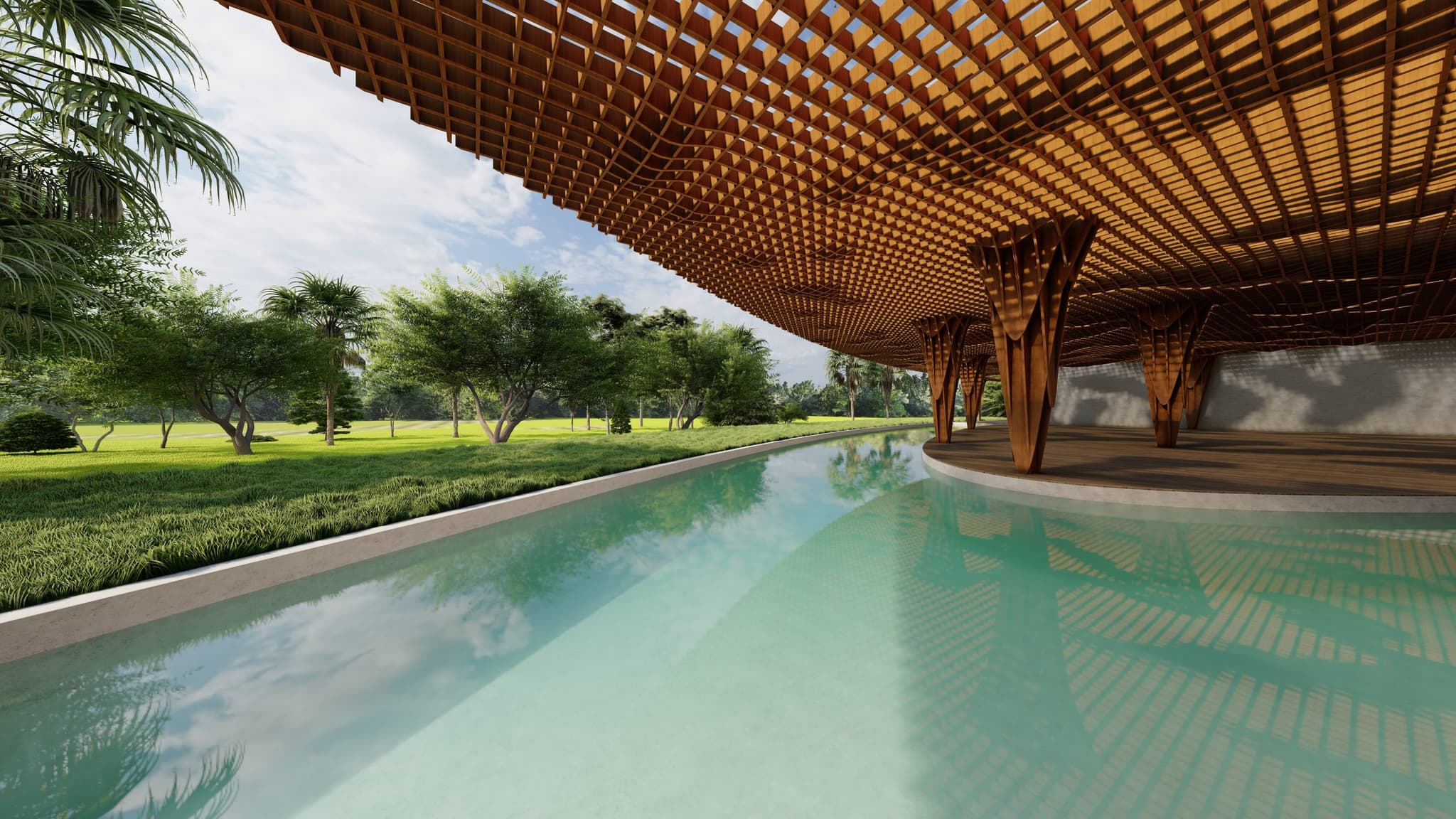 Bar and pool basin under wooden canopy