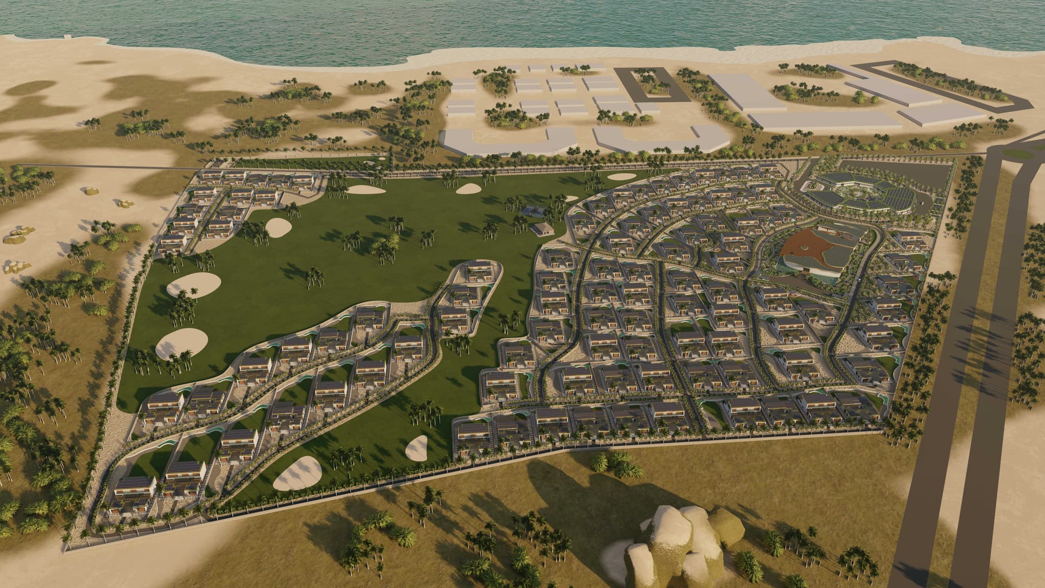 Full resort aerial — ocean, golf course and villa zones