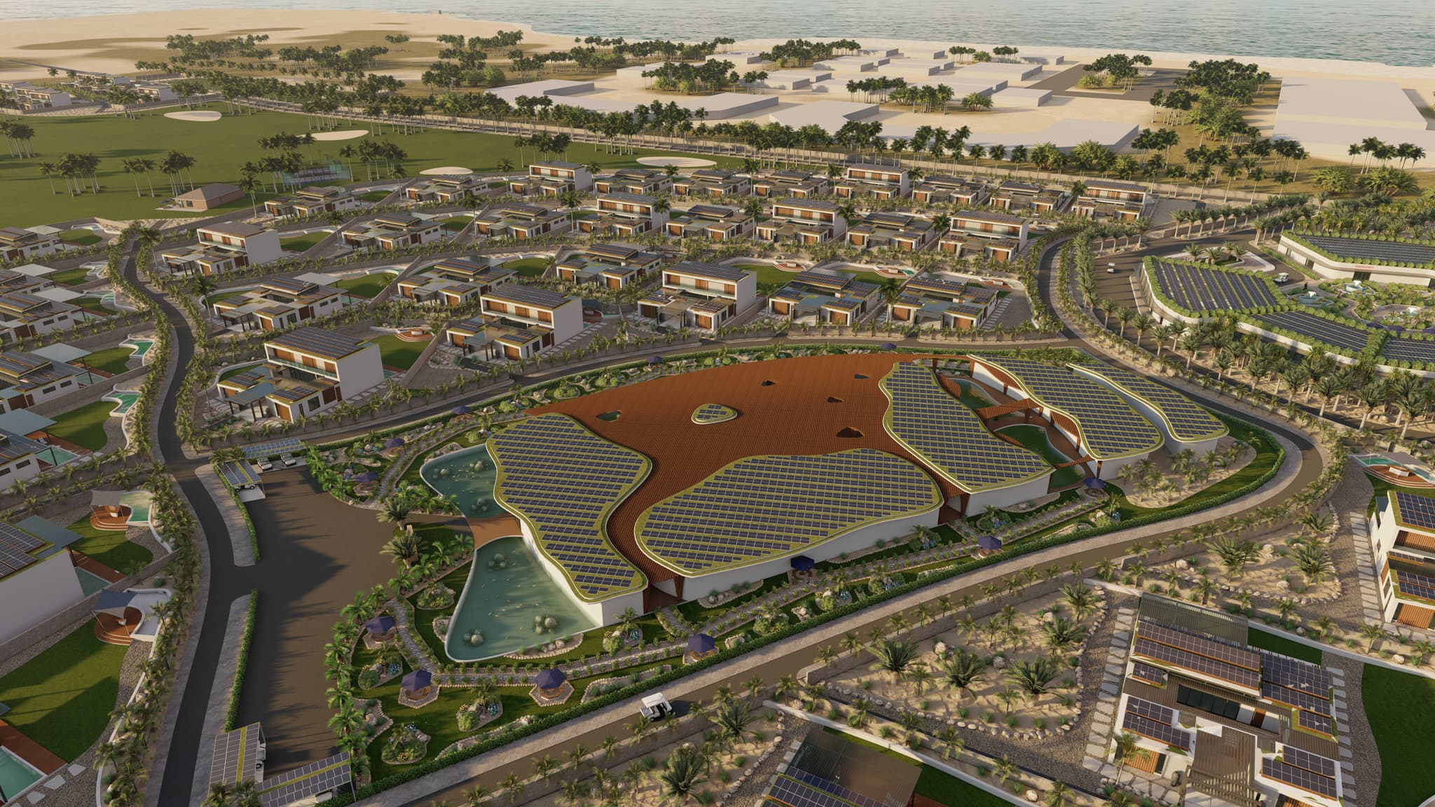 Serenity Plaza aerial — solar panels and landscaping