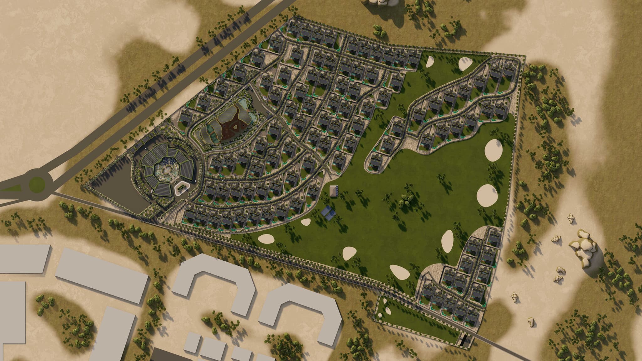 Resort top-down — villa grid and golf course bunkers