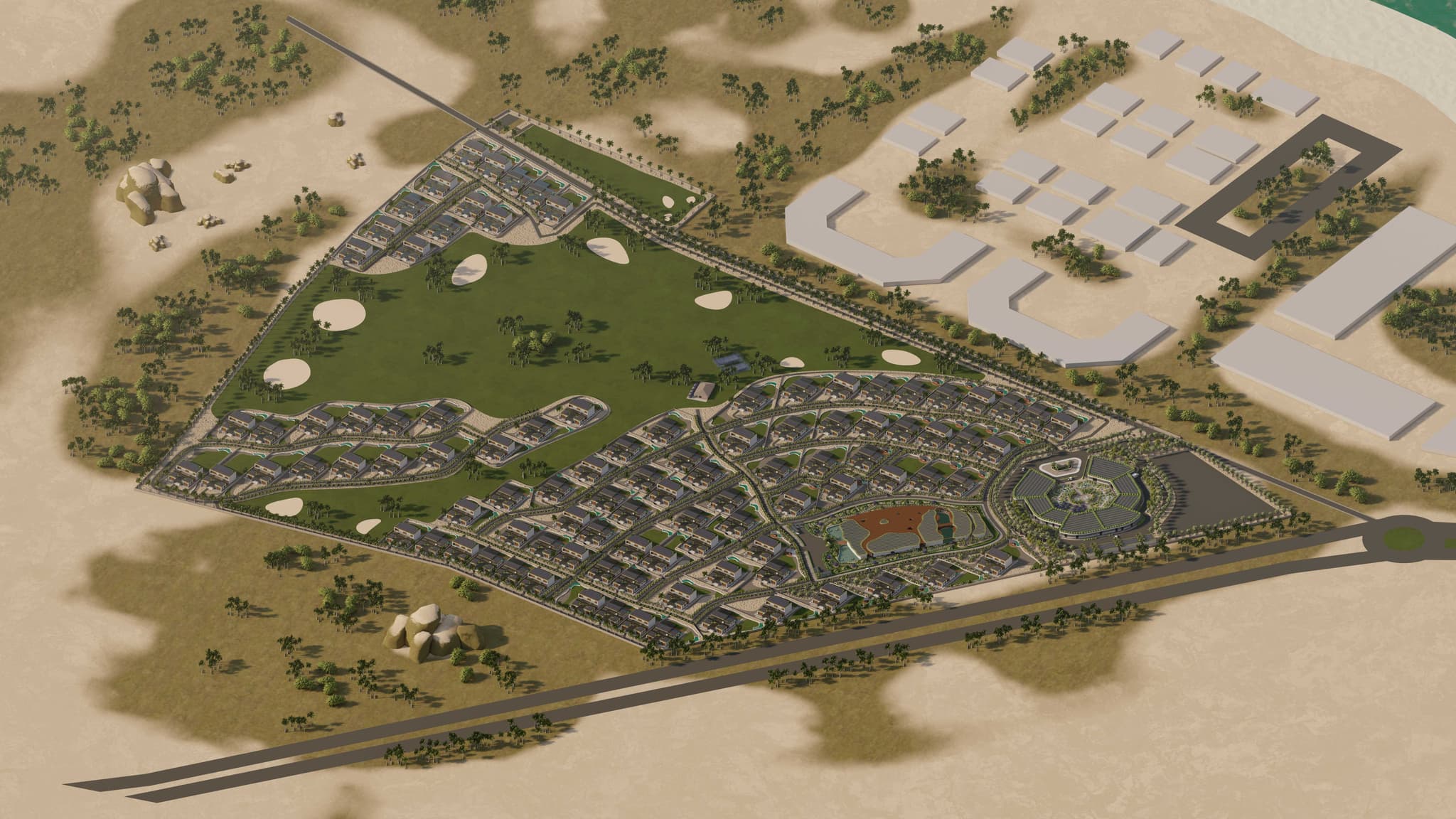 Wide aerial — full site with clinic roundabout